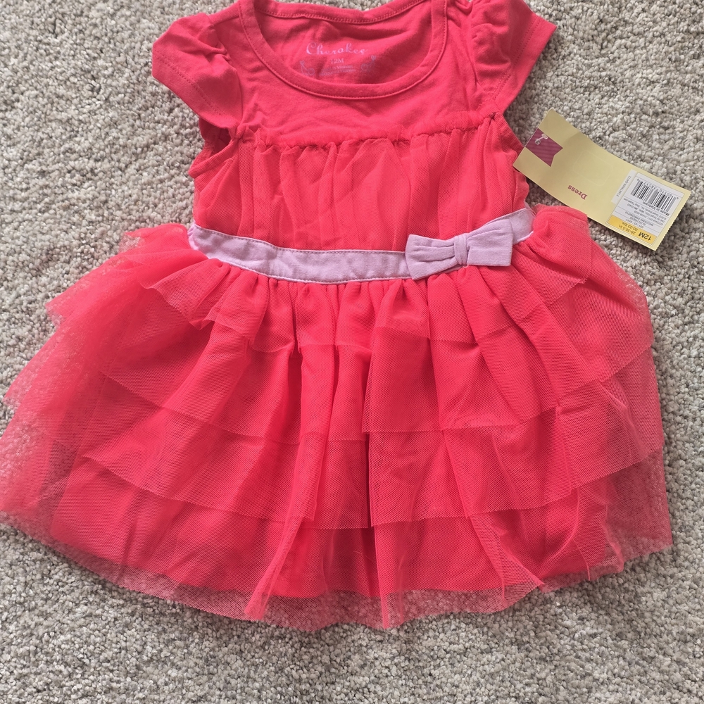 Cherokee Hot Pink Layered Tulle Dress with Light Pink Bow NWT